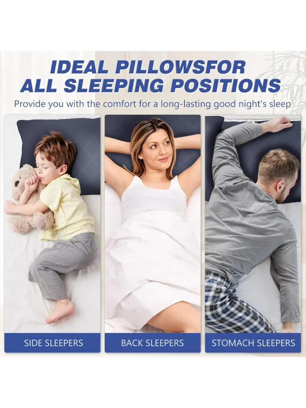 〽️Navy King Size Cooling Bed Pillows 2 Pack Down Alternative Soft Pillows Set
